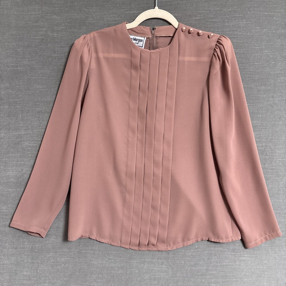Vintage Donna Morgan Top M Mauve Sheer Pleated Blouse‎ Puff 80s 90s Career